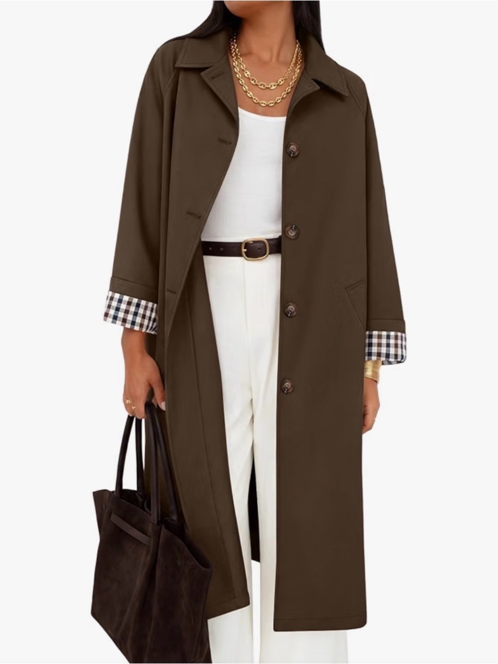 Amazon Women's Dark Brown Trench Coat with Check Cuff Detail